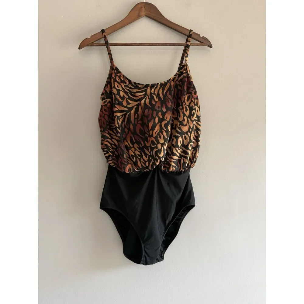 Vintage Robby Len Swimsuit One Piece Blouson Animal Print Retro 80s 90s Size 10